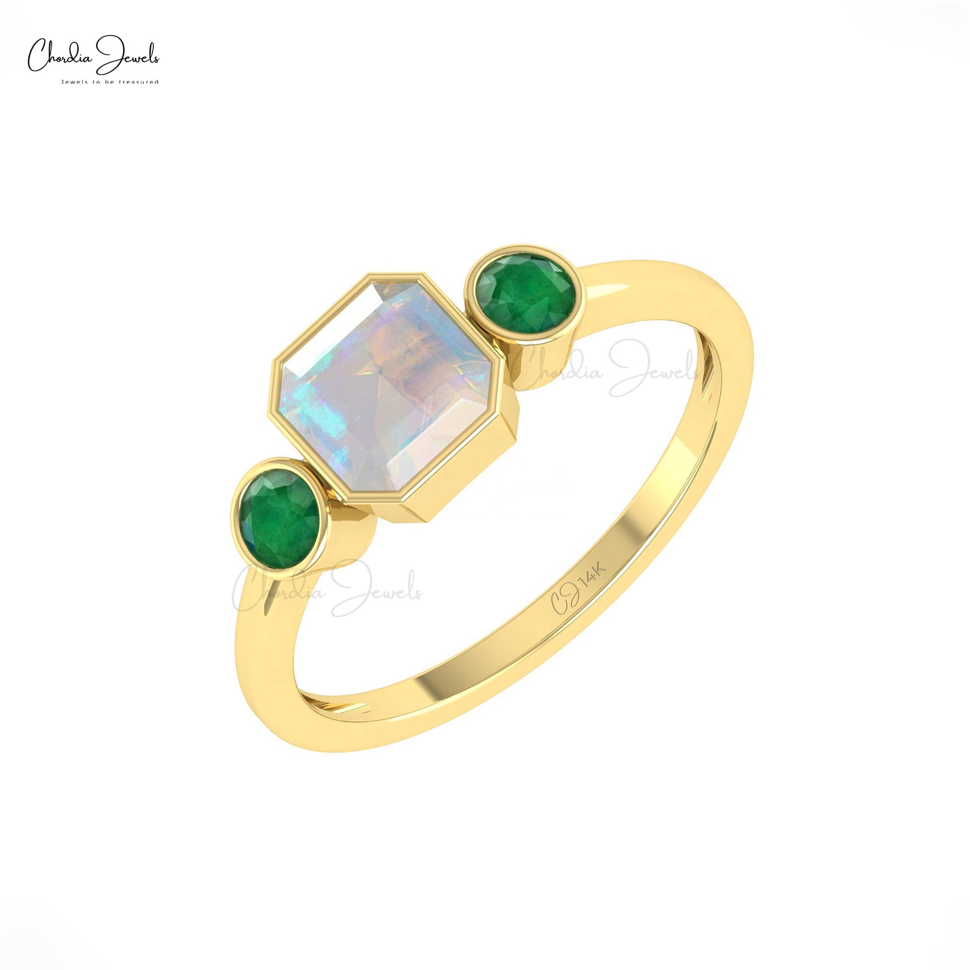 Three Stone Women Ring In Solid 14k Gold Fire Opal And 0.22 Ct Emerald Engagement Rings