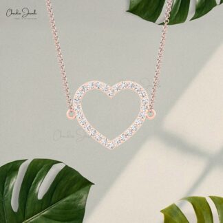 Open Heart Women Necklace In 14k Pure Gold White Diamond Pave Set Chain Necklaces