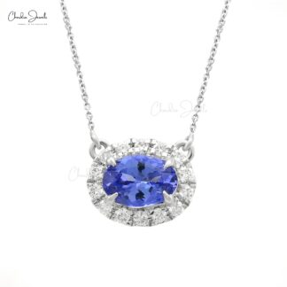 Tanzanite diamond halo necklace in 14k white gold