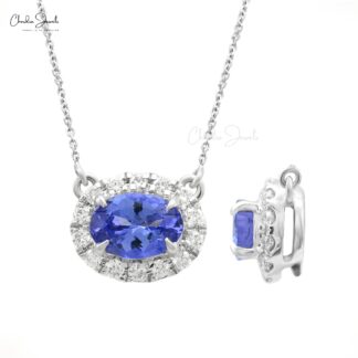 Tanzanite diamond halo necklace in 14k white gold
