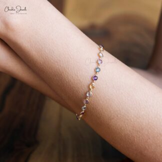 Multi Gemstone Bracelet In 14k Yellow Gold Rainbow Stone 4mm Round Bracelets For Her