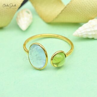 Two Stone Open Cuff Ring With 10x8mm Aquamarine And Peridot 14k Yellow Gold Promise Rings