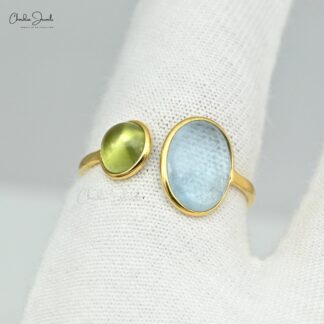 Two Stone Open Cuff Ring With 10x8mm Aquamarine And Peridot 14k Yellow Gold Promise Rings