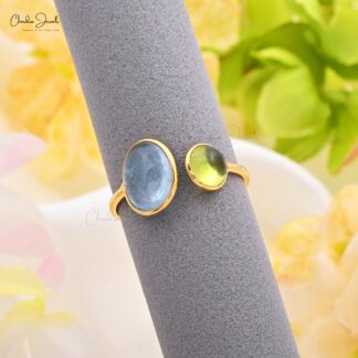 Two Stone Open Cuff Ring With 10x8mm Aquamarine And Peridot 14k Yellow Gold Promise Rings