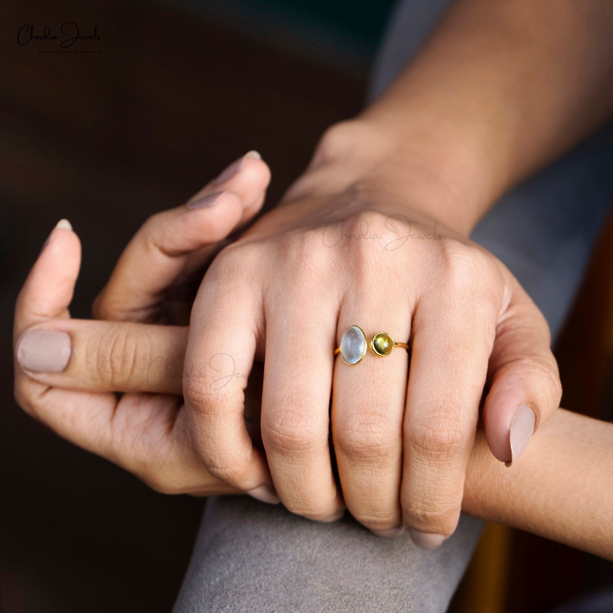 Two Stone Open Cuff Ring With 10x8mm Aquamarine And Peridot 14k Yellow Gold Promise Rings