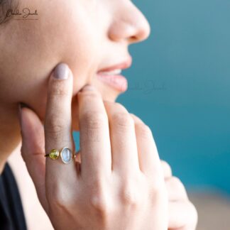 Two Stone Open Cuff Ring With 10x8mm Aquamarine And Peridot 14k Yellow Gold Promise Rings