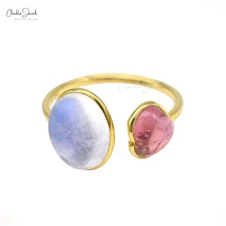 Bezel Set 2 Stone Ring In 14k Yellow Gold Moonstone And Heat Pink Tourmaline Love Rings