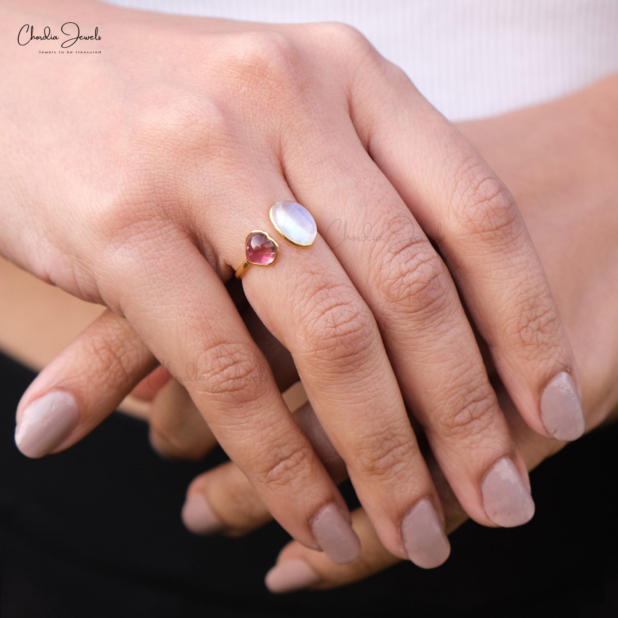 Bezel Set 2 Stone Ring In 14k Yellow Gold Moonstone And Heat Pink Tourmaline Love Rings