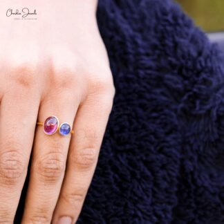 Dual Stone Split Shank Ring With 10x8mm Pink Tourmaline Tanzanite 14k Yellow Gold Rings
