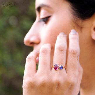 Dual Stone Split Shank Ring With 10x8mm Pink Tourmaline Tanzanite 14k Yellow Gold Rings