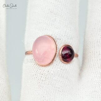 Solid 14k Rose Gold Open Cuff Ring With Oval Rose Quartz And Rhodolite Garnet Bridal Rings