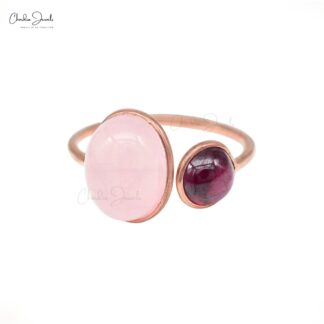 Solid 14k Rose Gold Open Cuff Ring With Oval Rose Quartz And Rhodolite Garnet Bridal Rings