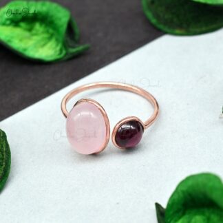 Solid 14k Rose Gold Open Cuff Ring With Oval Rose Quartz And Rhodolite Garnet Bridal Rings