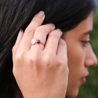 Solid 14k Rose Gold Open Cuff Ring With Oval Rose Quartz And Rhodolite Garnet Bridal Rings
