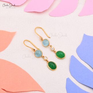 Dangle Emerald Earrings In 14k Real Yellow Gold Aquamarine And Diamond 3 Stone Earrings