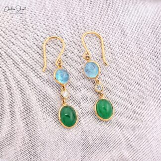 Dangle Emerald Earrings In 14k Real Yellow Gold Aquamarine And Diamond 3 Stone Earrings