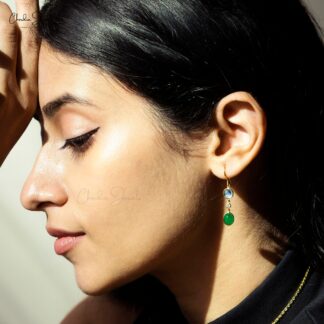 Dangle Emerald Earrings In 14k Real Yellow Gold Aquamarine And Diamond 3 Stone Earrings