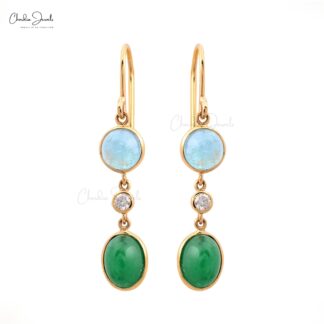 Dangle Emerald Earrings In 14k Real Yellow Gold Aquamarine And Diamond 3 Stone Earrings