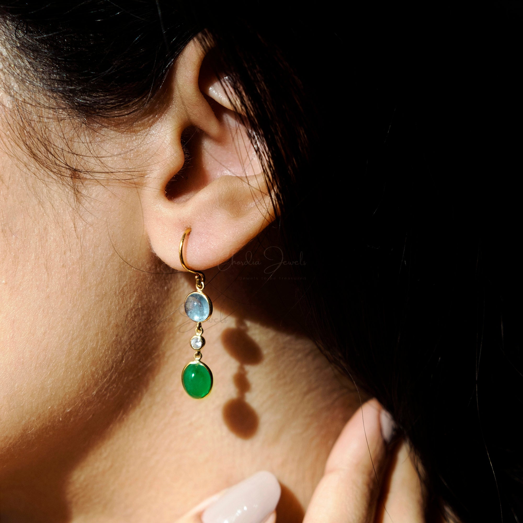 Dangle Emerald Earrings In 14k Real Yellow Gold Aquamarine And Diamond 3 Stone Earrings