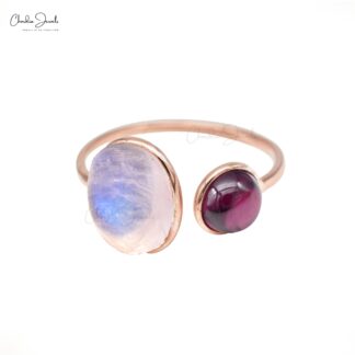 Split Shank Adjustable Rings In 14k Rose Gold Moonstone And Rhodolite Garnet 2 Stone Rings