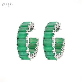 Solid 14k Gold Hoops Earrings With Natural Emerald