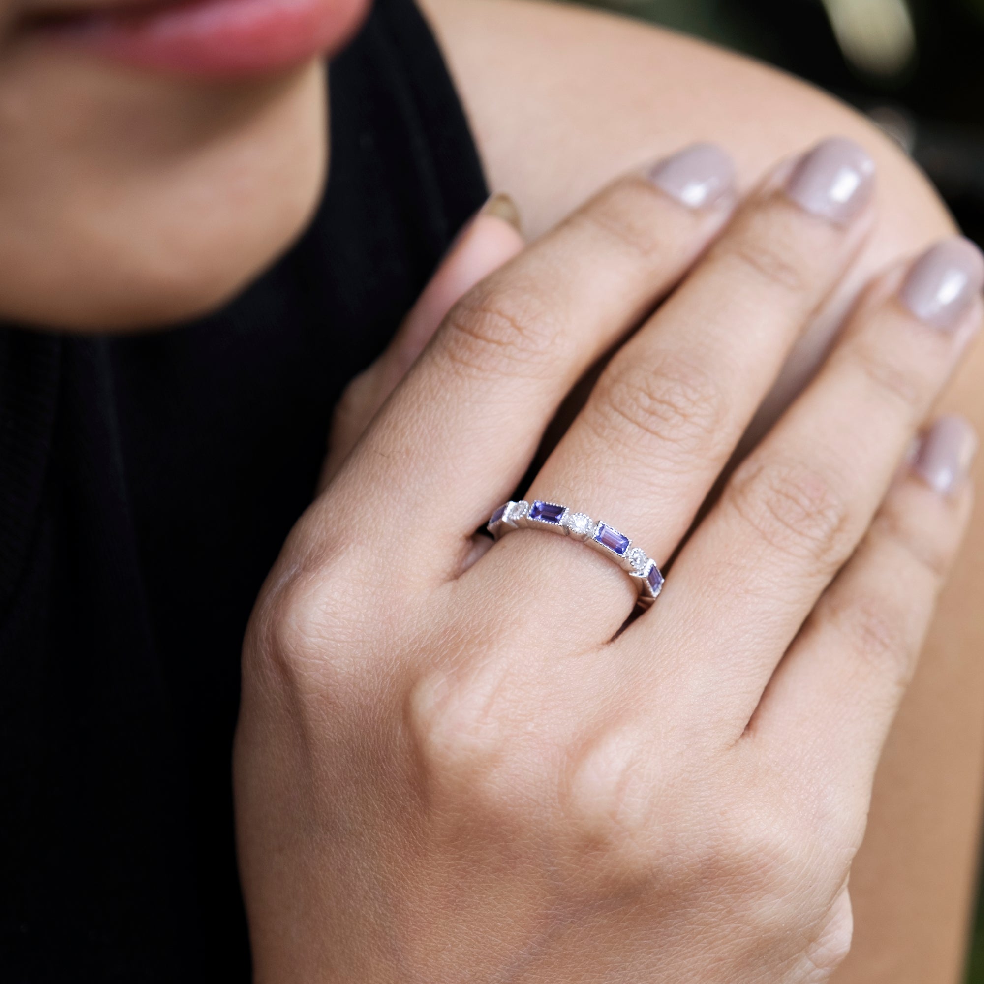 Diamond Half Eternity Band With Baguette Tanzanite Bezel Set 14k White Gold Bridal Rings
