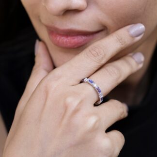Diamond Half Eternity Band With Baguette Tanzanite Bezel Set 14k White Gold Bridal Rings