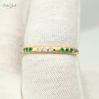 14K gold stackable ring with natural emerald and diamond accents