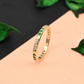 Natural Emerald Diamond Stackable Ring in 14K Yellow Gold