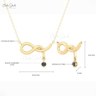 Dangle Solitaire Chain Necklace With 0.11 Ct Black Diamond 14k Real Gold Infinity Jewelry