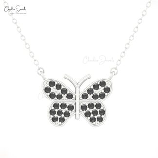 Cluster Thin Chain Necklace With 0.45 Ct Black Diamond Butterfly Necklace In Real 14k Gold