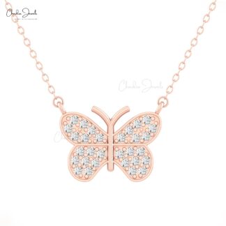 Butterfly Minimal Necklace In 14k Solid Gold Diamond 1.5mm Round Cluster Chain Necklaces
