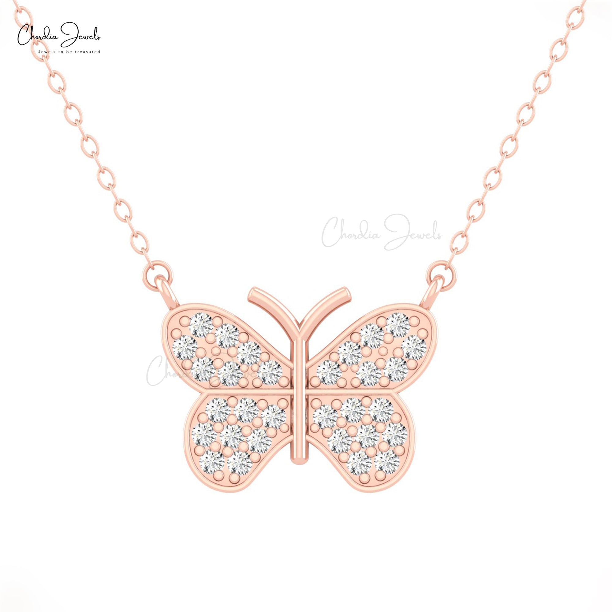 Butterfly Minimal Necklace In 14k Solid Gold Diamond 1.5mm Round Cluster Chain Necklaces
