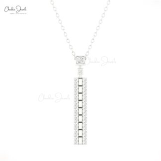 Dainty White Diamond Bar Necklace In Solid 14k Gold Rectangular Hallmarked Fine Jewelry