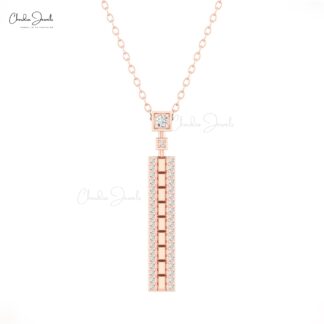 Dainty White Diamond Bar Necklace In Solid 14k Gold Rectangular Hallmarked Fine Jewelry