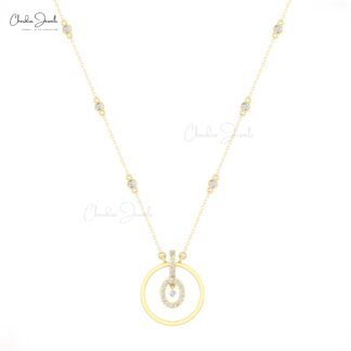 Dangle Halo Chain Necklace With 2mm White Diamond Eternity Necklace In 14k Solid Gold