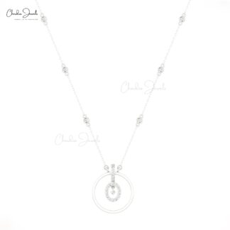 Dangle Halo Chain Necklace With 2mm White Diamond Eternity Necklace In 14k Solid Gold