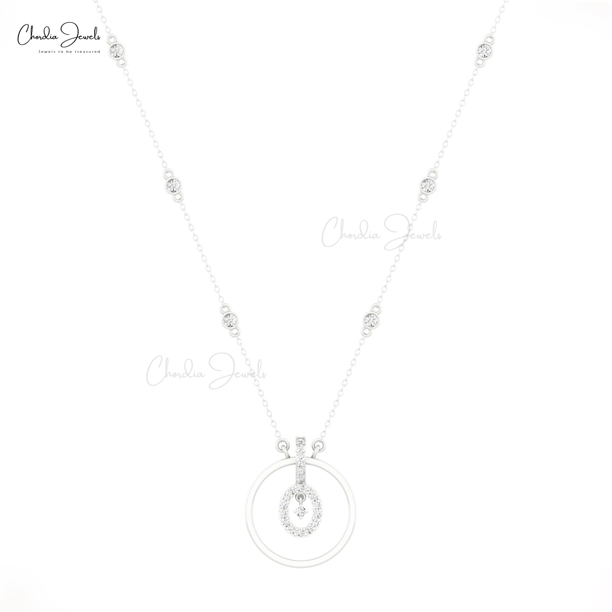 Dangle Halo Chain Necklace With 2mm White Diamond Eternity Necklace In 14k Solid Gold