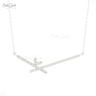 Dainty Chevron Women Necklace In Real 14k Gold Pave G-H Diamond Bar Minimal Jewelry