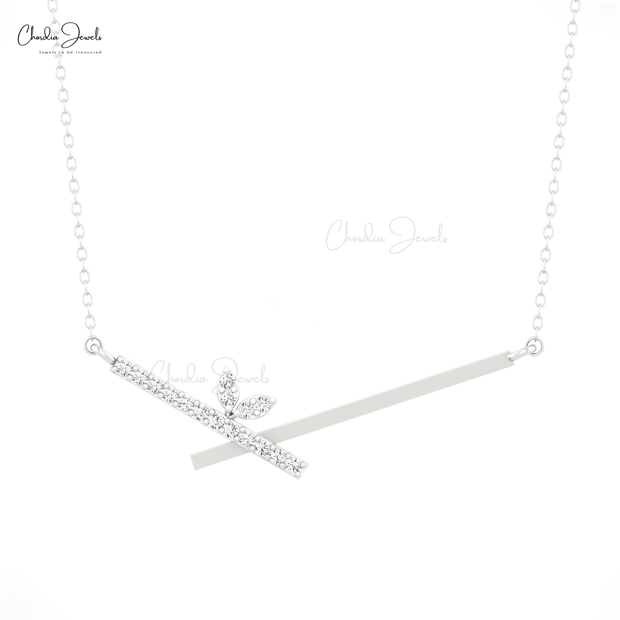 Dainty Chevron Women Necklace In Real 14k Gold Pave G-H Diamond Bar Minimal Jewelry