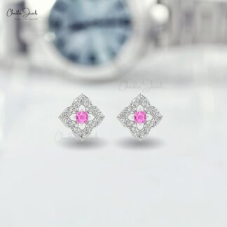 Authentic 2mm Pink Sapphire & Diamond Floral Studs 14k Real Gold Charm Earrings For Women