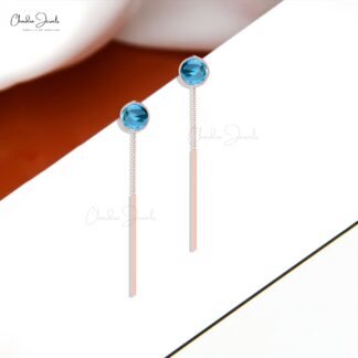 Brilliant Cut Threader Earring in Solid 14k Gold Swiss Blue Topaz Push Back Earrings