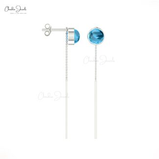 Brilliant Cut Threader Earring in Solid 14k Gold Swiss Blue Topaz Push Back Earrings