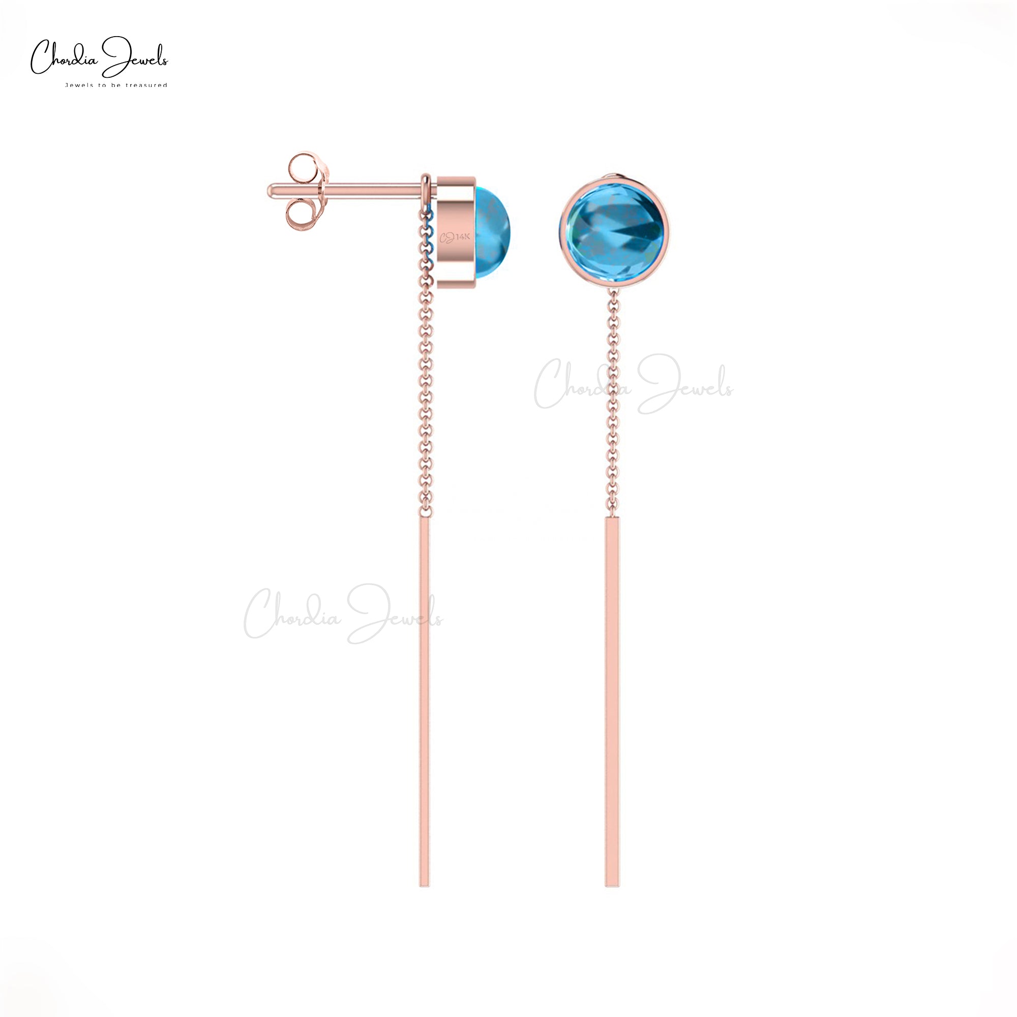 Brilliant Cut Threader Earring in Solid 14k Gold Swiss Blue Topaz Push Back Earrings