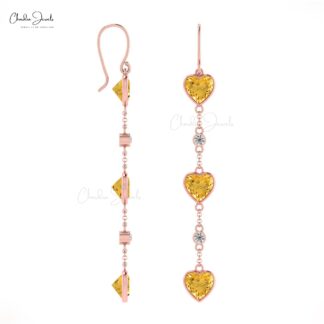 Natural 6mm Citrine Dangle Earrings in 14k Solid Gold Diamonds Accent Jewelry For Women