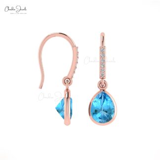 Genuine Diamond Dangle Earrings 14k Solid Gold 1.2ct Swiss Blue Topaz Drop Earring