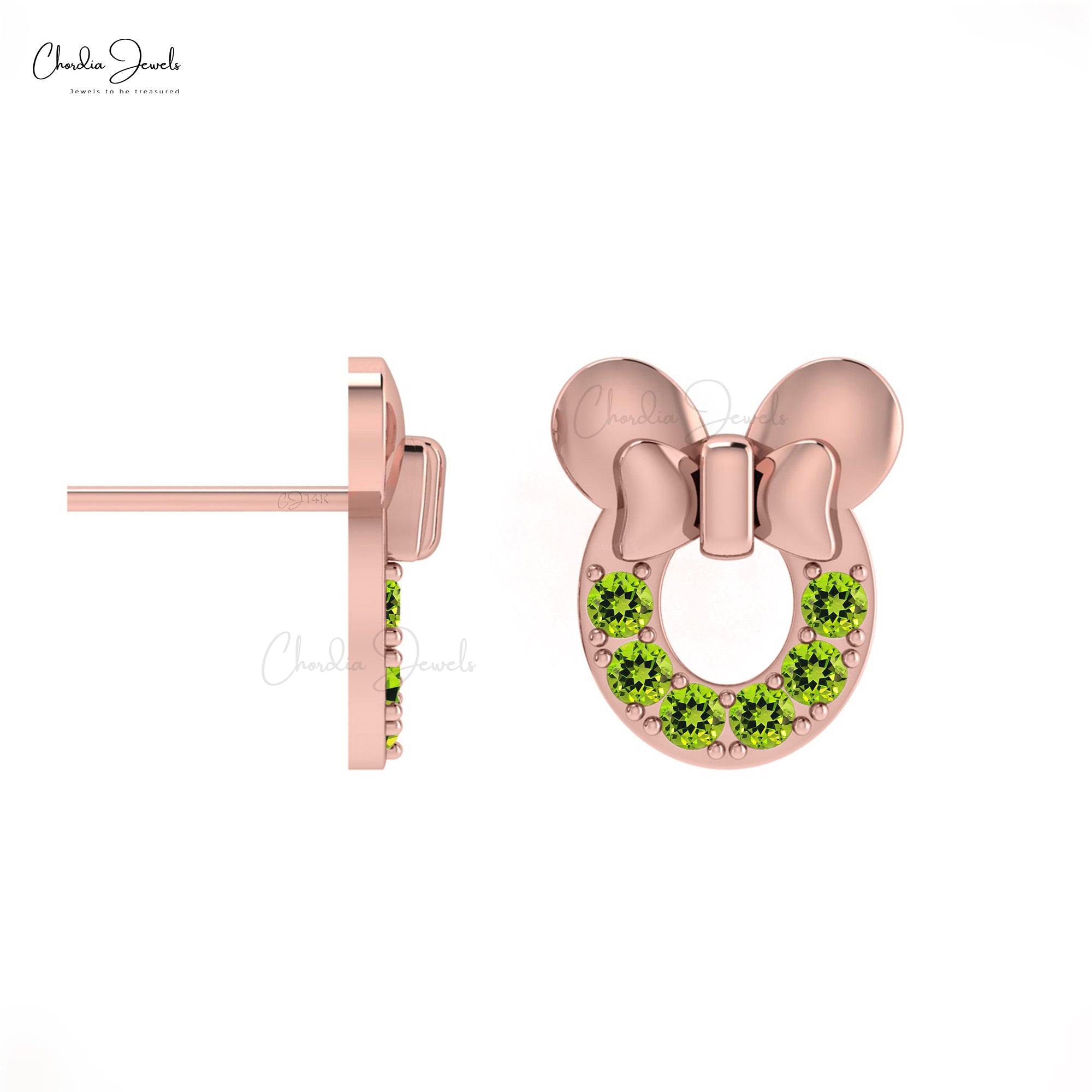 Real 14k Gold Disney Earrings Genuine Peridot Mickey Mouse Studs Earring For Birthday Gift