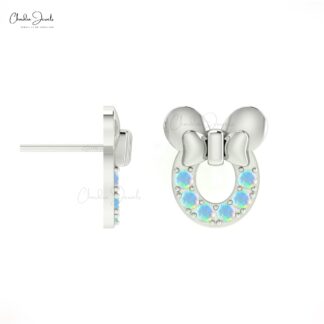 Natural 2mm Opal Gemstone Earrings in 14k Solid Gold October Birthstone Mickey Mouse Studs