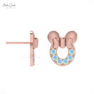 Natural 2mm Opal Gemstone Earrings in 14k Solid Gold October Birthstone Mickey Mouse Studs