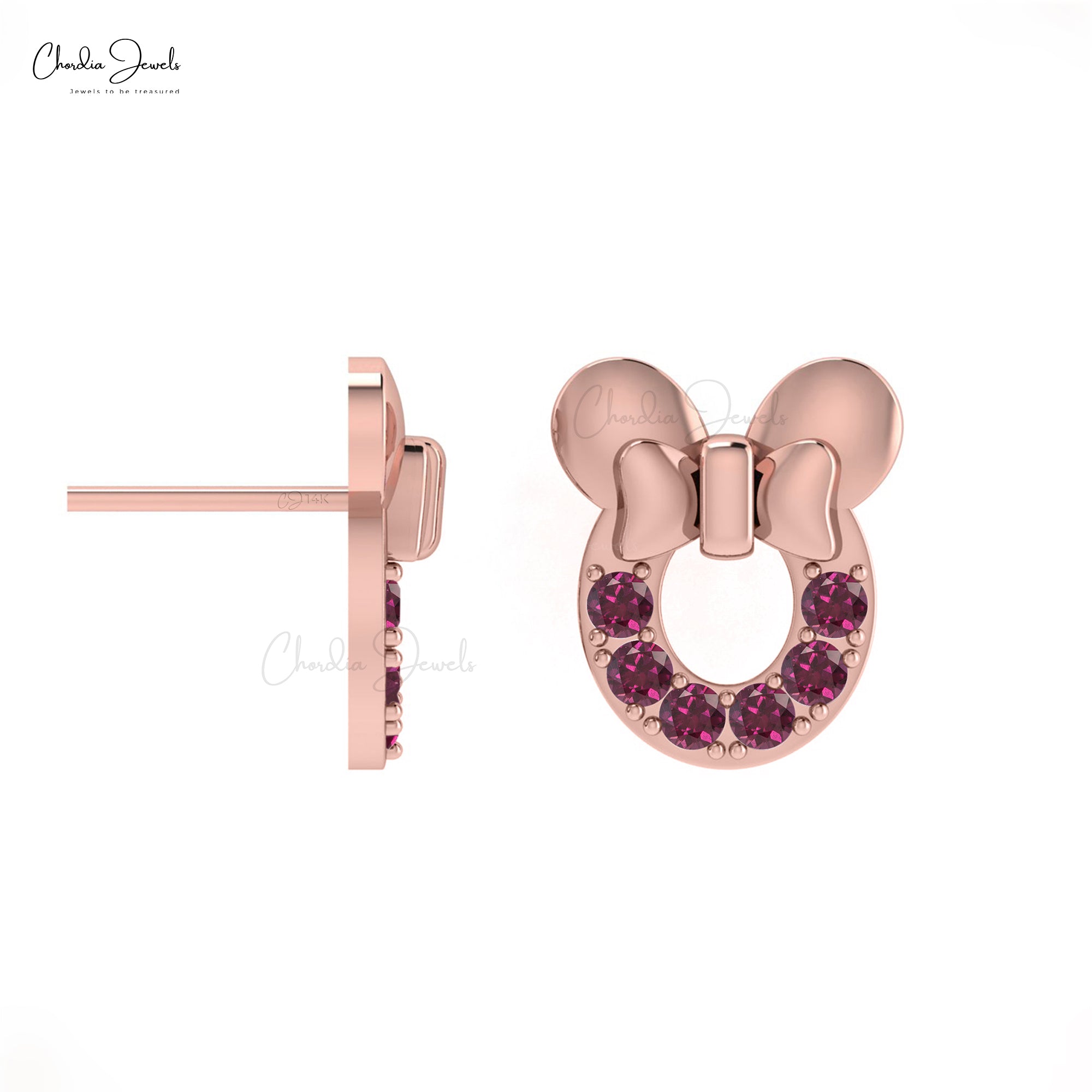 Authentic 2mm Rhodolite Garnet Mickey Mouse Earrings 14k Real Gold Handmade Jewelry For Her